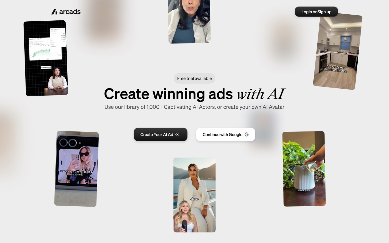 The Arcads homepage: “Create winning ads with AI”, a “Free trial available” badge and a library of 1,000+ AI actors, surrounded by sample vertical video ads