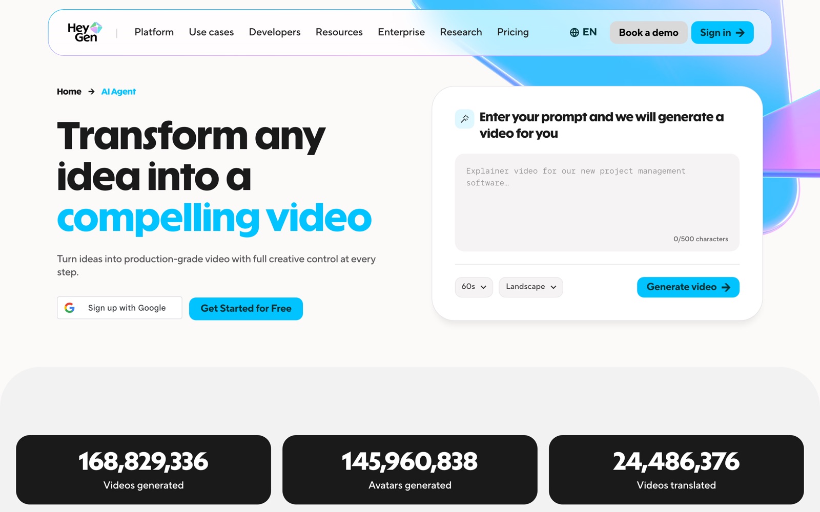 HeyGen’s Video Agent page: “Transform any idea into a compelling video”, with a prompt box limited to 500 characters, a 60-second length option and a Landscape setting
