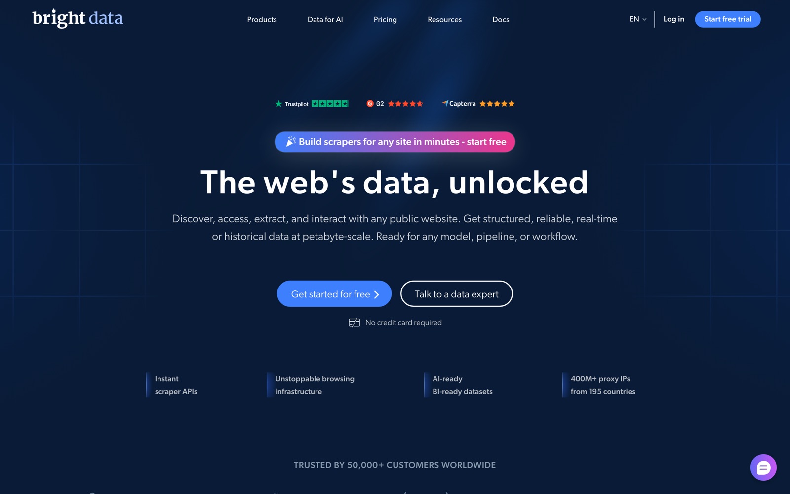 The Bright Data homepage: ‘The web’s data, unlocked’, with buttons to get started free or talk to a data expert