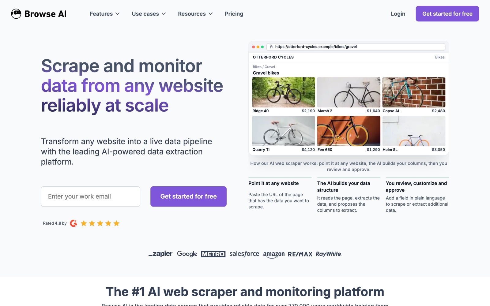 The Browse AI homepage: ‘Scrape and monitor data from any website reliably at scale’, with an example product grid being turned into columns