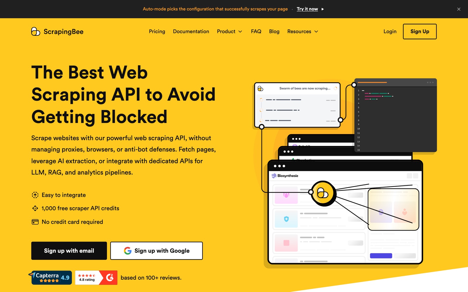 The ScrapingBee homepage: ‘The Best Web Scraping API to Avoid Getting Blocked’, with 1,000 free API credits and no credit card required