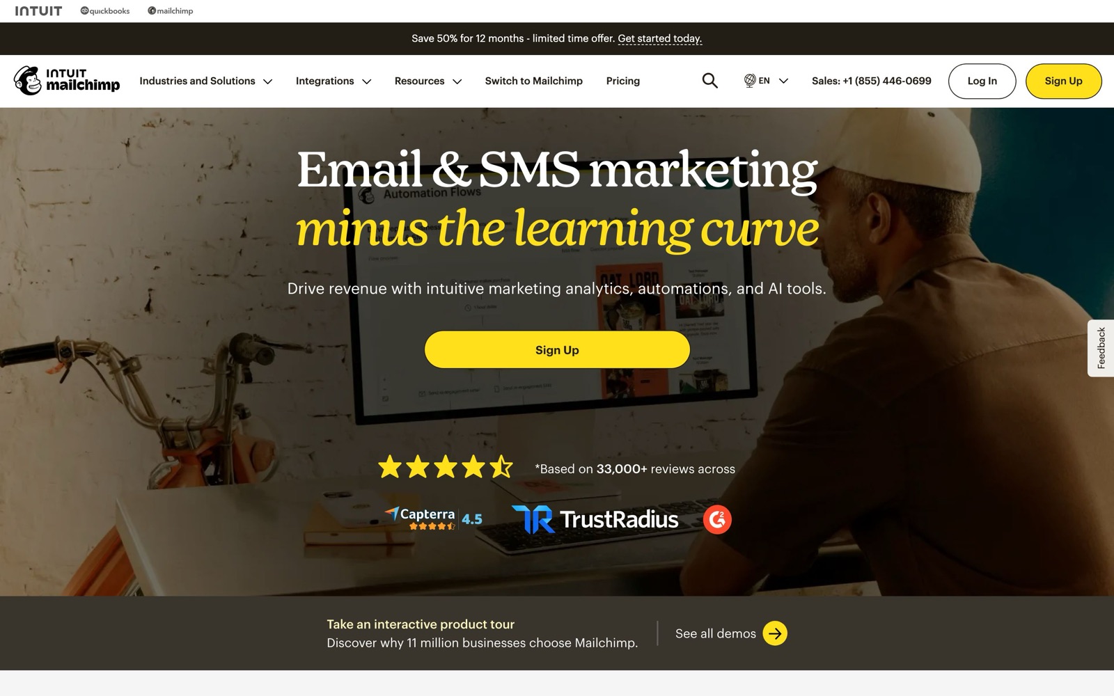 The Mailchimp homepage: ‘Email & SMS marketing minus the learning curve’ with a Sign Up button and review ratings