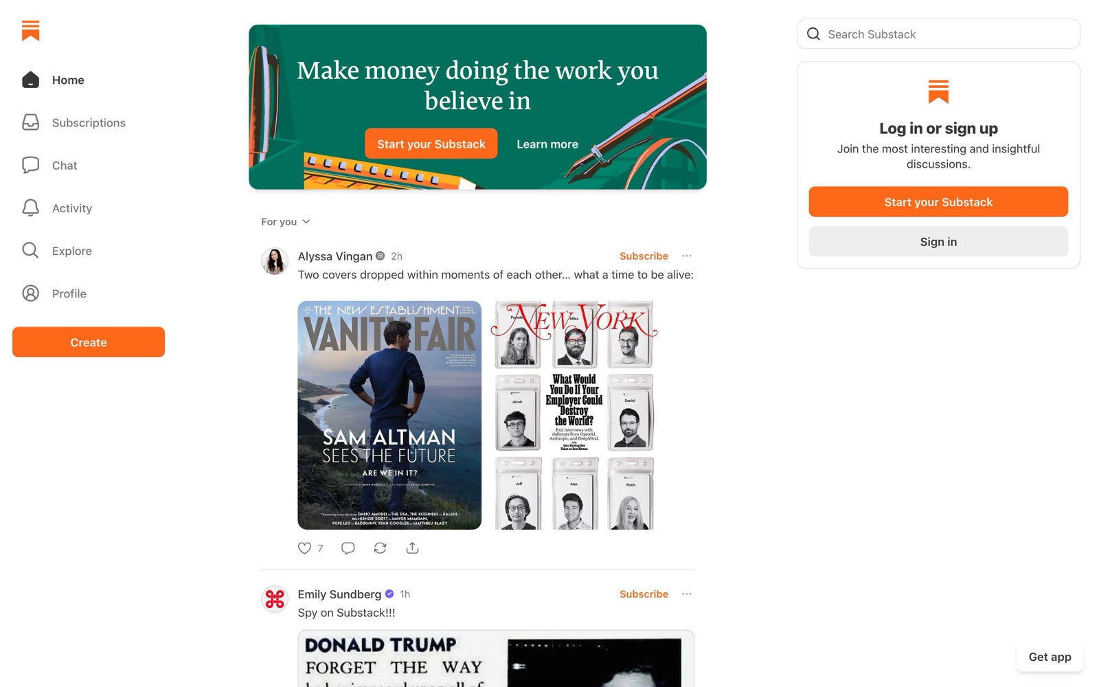 The Substack home feed with posts from publications, a ‘Start your Substack’ call to action and a sign-up box