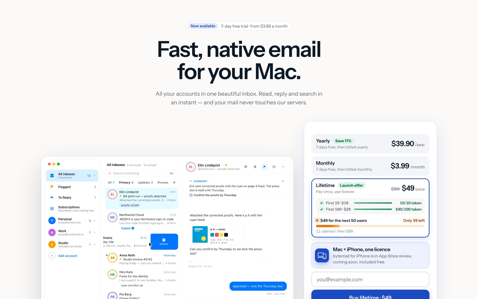 The bytemailapp.com homepage: 'Fast, native email for your Mac', app screenshots and the $3.99 a month pricing card