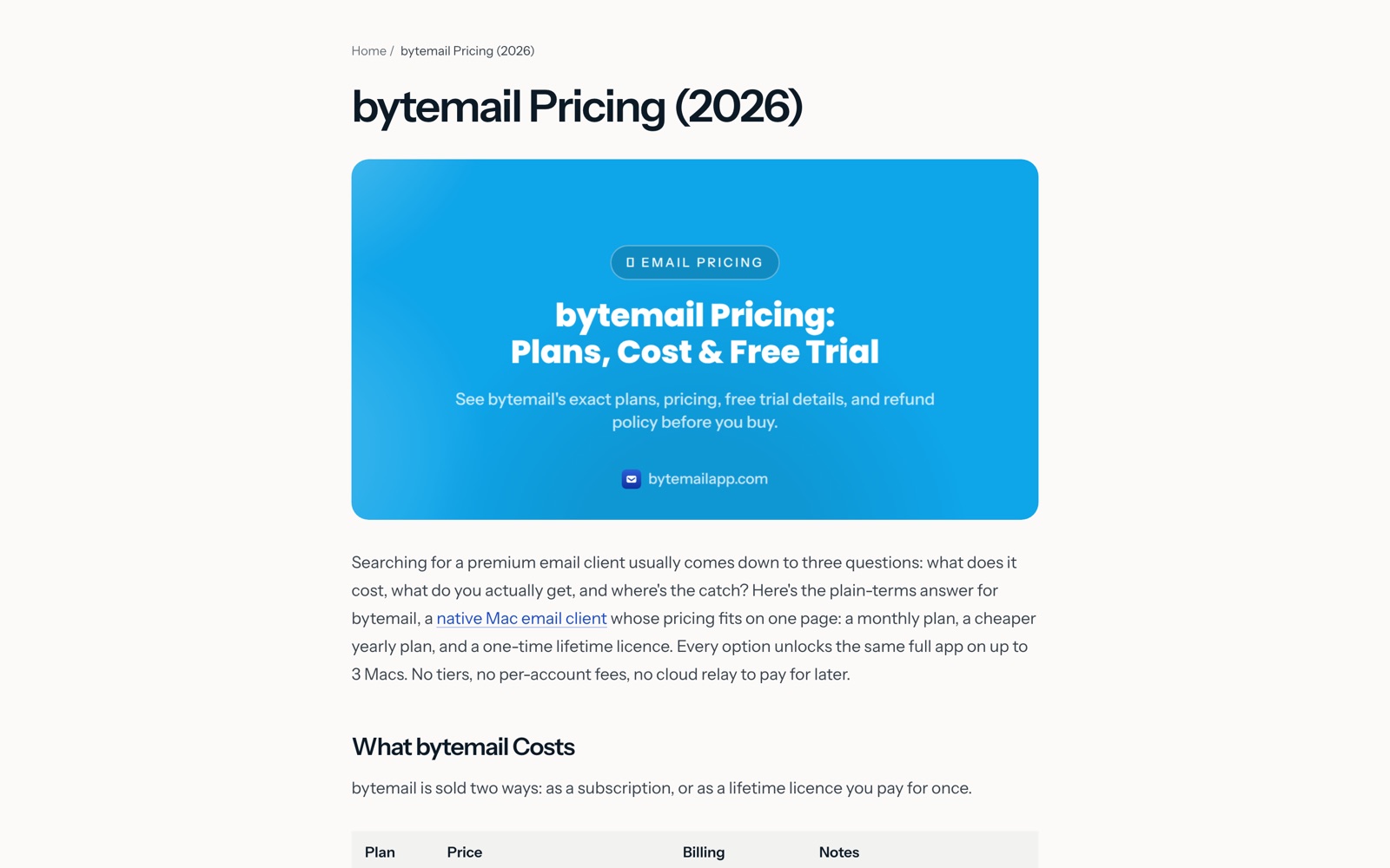bytemail’s pricing page: Monthly, Yearly and Lifetime plans, the free trial terms and the refund policy