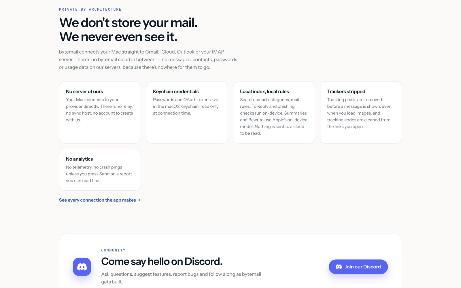 bytemail’s privacy page: no server in the path, Keychain credentials and the full list of outbound connections