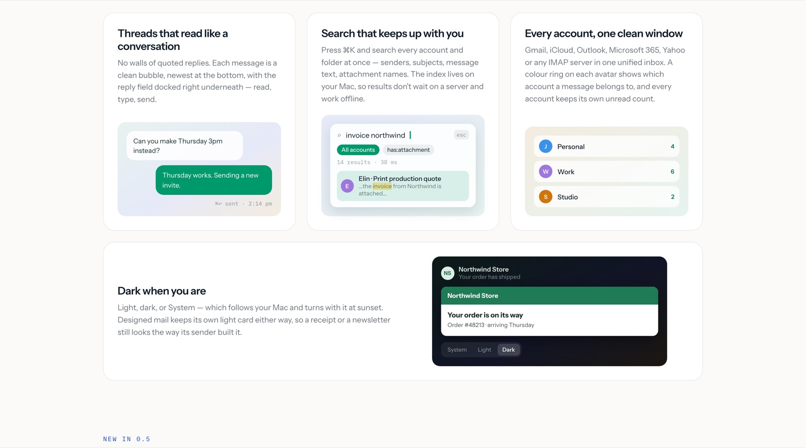 The bytemail unified inbox: every account in one window with a colour ring per account, smart tabs and a docked reply field
