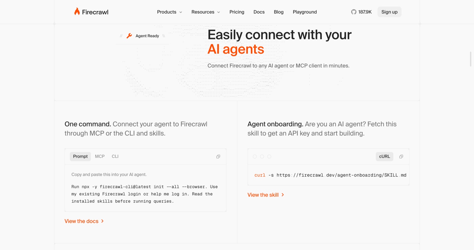 Firecrawl’s ‘Easily connect with your AI agents’ section: a one-command prompt that runs npx firecrawl-cli init, and an agent onboarding curl command for SKILL.md