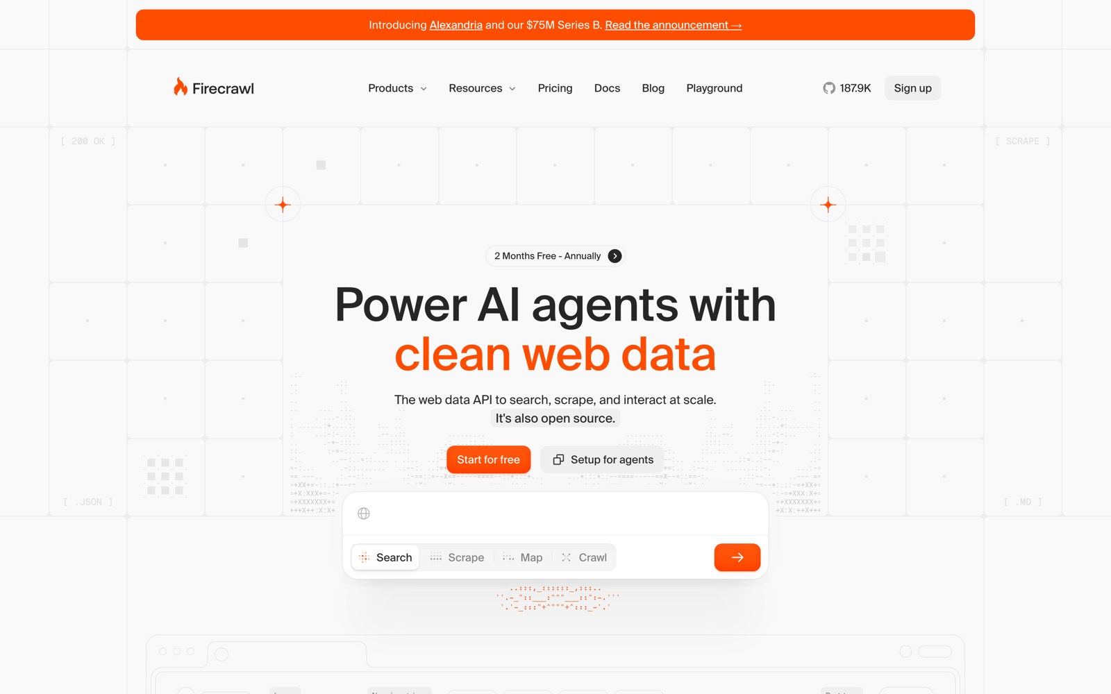 The firecrawl.dev homepage: 'Power AI agents with clean web data', a Start for free button and a search box with Search, Scrape, Map and Crawl tabs