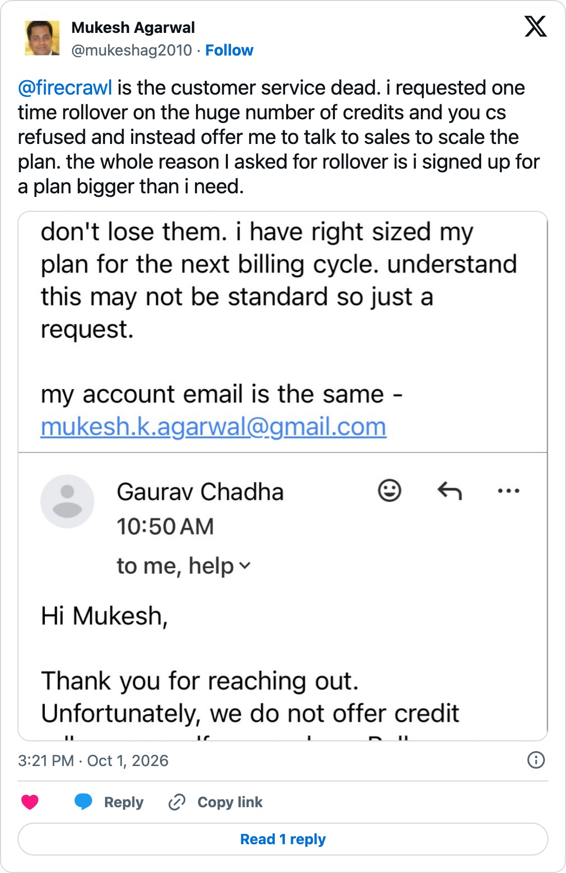 Tweet by Mukesh Agarwal (@mukeshag2010), October 1, 2026: “@firecrawl is the customer service dead. i requested one time rollover on the huge number of credits and you cs refused and instead offer me to talk to sales to scale the plan. the whole reason I asked for rollover is i…”