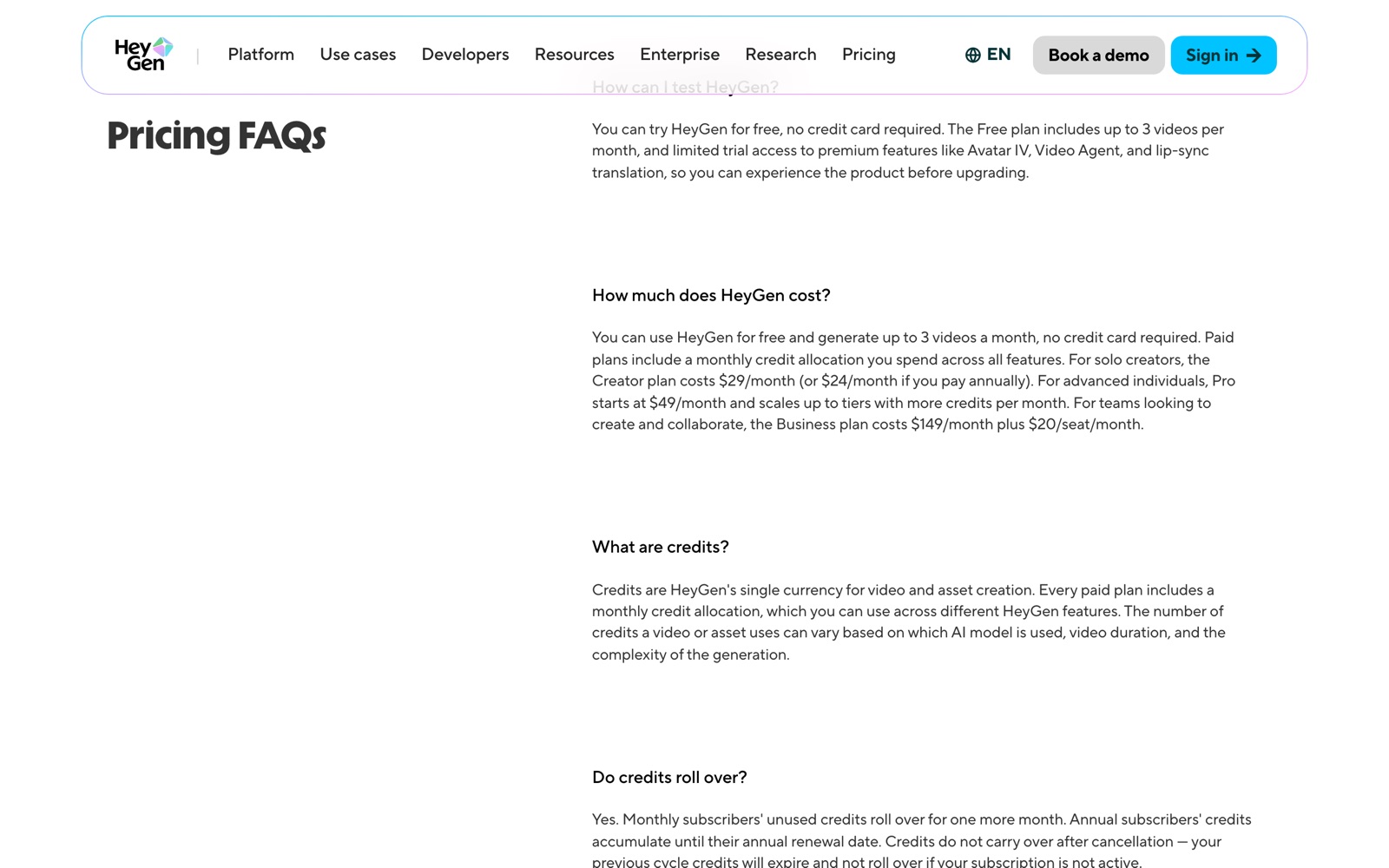 HeyGen’s plan comparison table: video length, processing speed and export resolution per plan