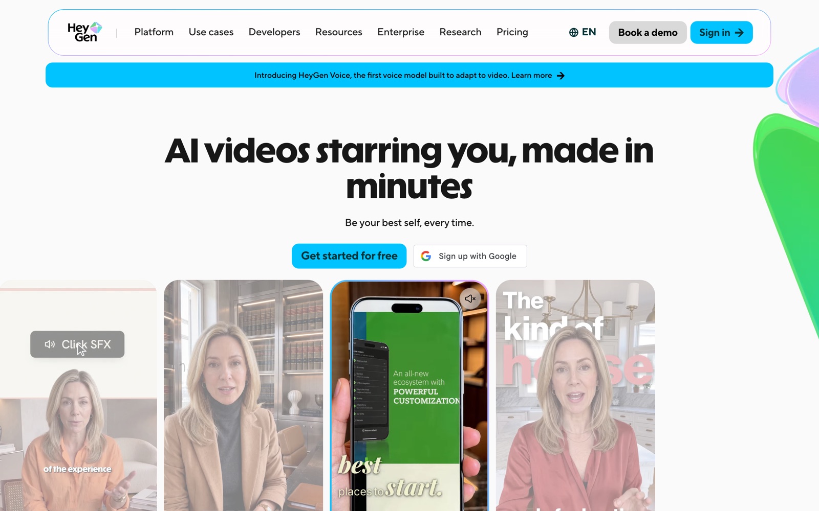 The heygen.com homepage: 'AI videos starring you, made in minutes', sign-up buttons and avatar video previews