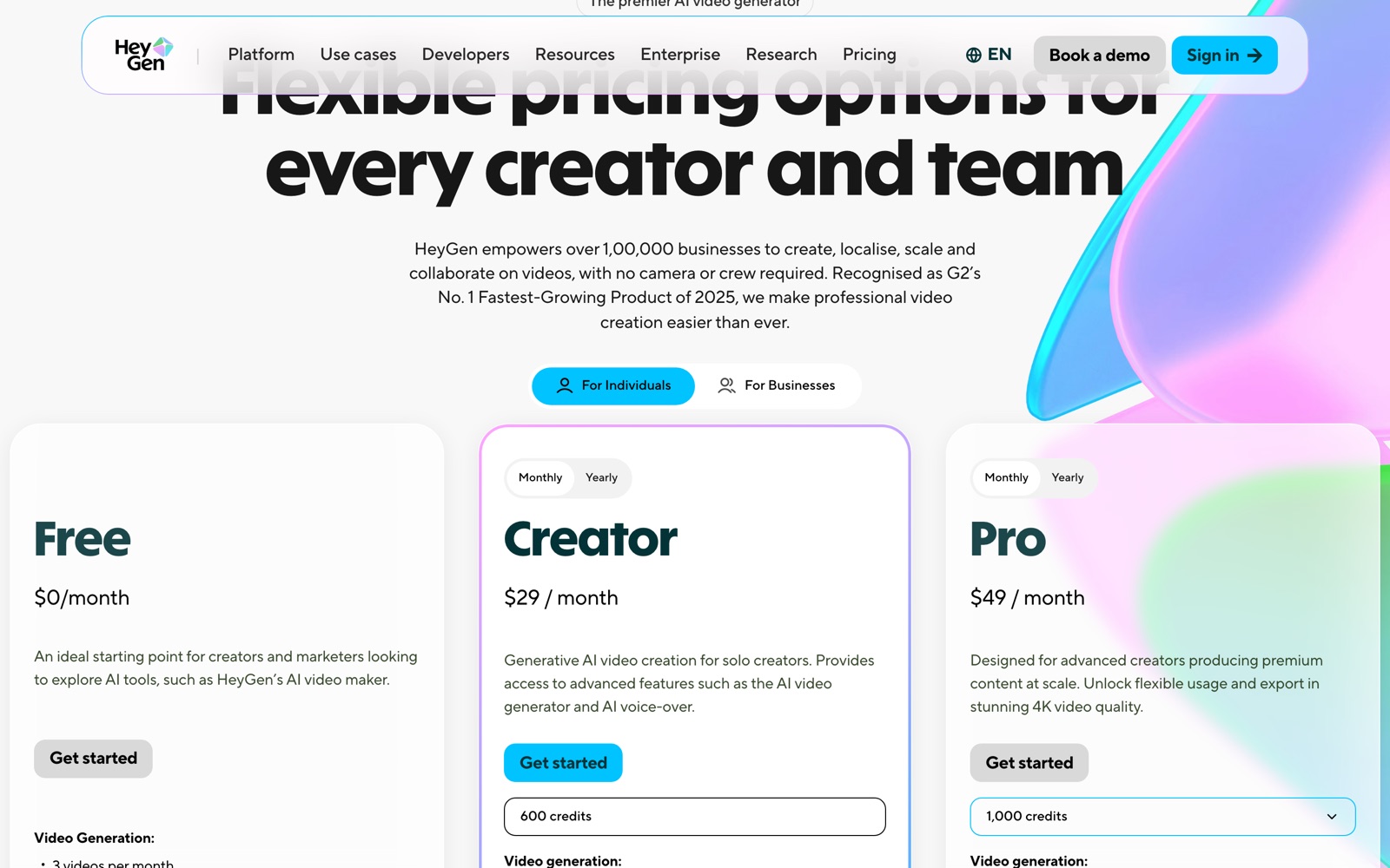 HeyGen’s pricing page: Free, Creator and Pro plan cards with monthly prices and credit allowances