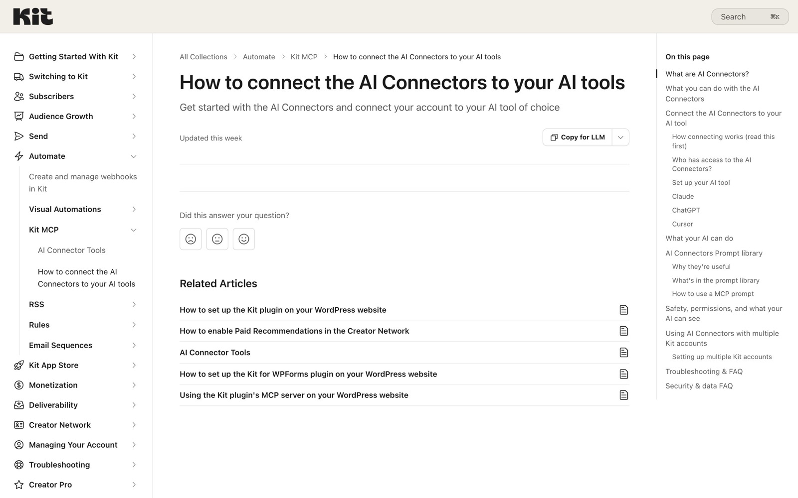 Kit’s help center article ‘How to connect the AI Connectors to your AI tools’, with sections for Claude, ChatGPT and Cursor in the table of contents