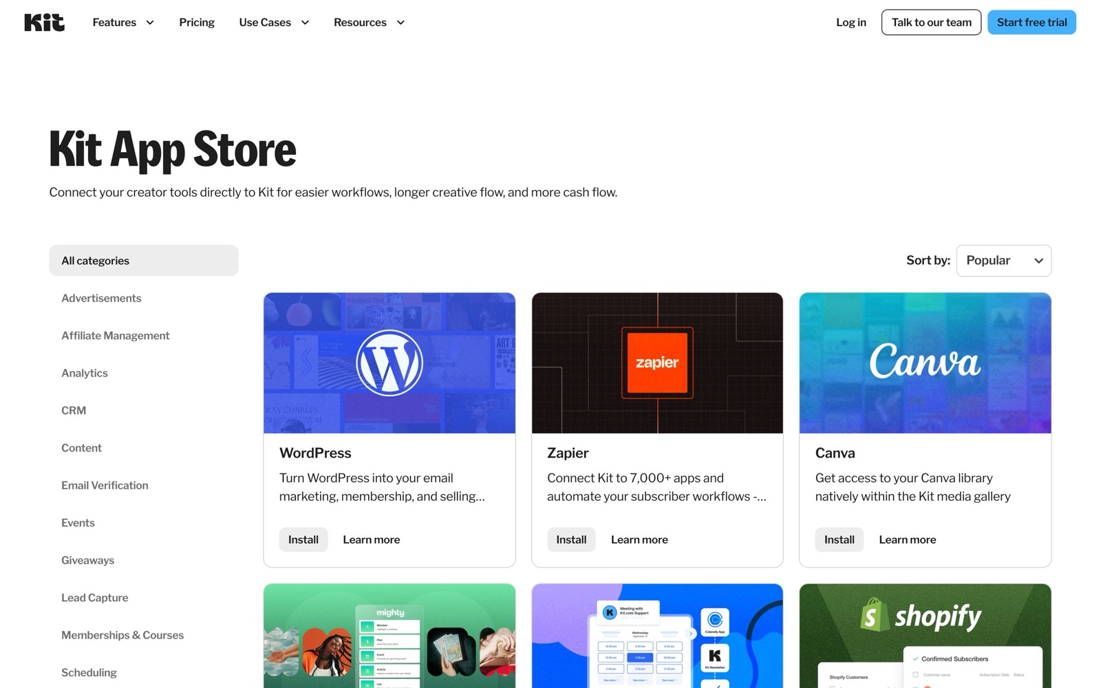The Kit App Store: categories such as Advertisements, Analytics, CRM and e-commerce on the left, and WordPress, Zapier and Canva apps with Install buttons