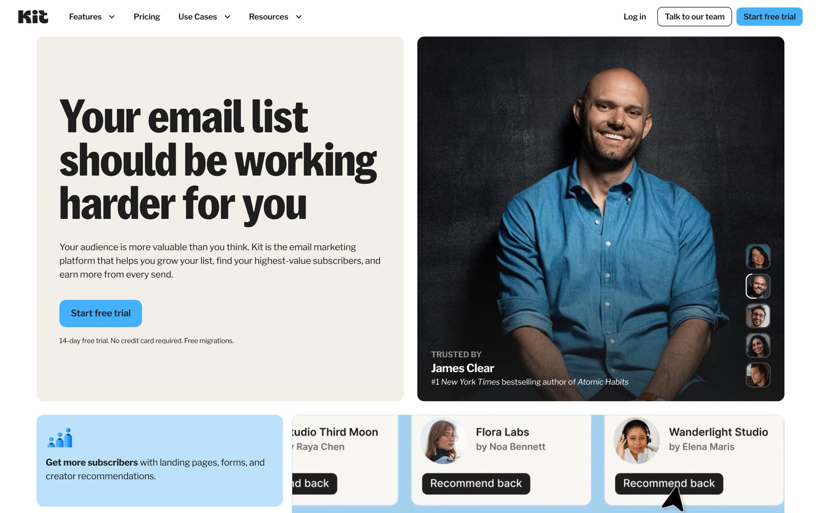 The kit.com homepage: 'Your email list should be working harder for you', a Start free trial button and a photo of James Clear, author of Atomic Habits