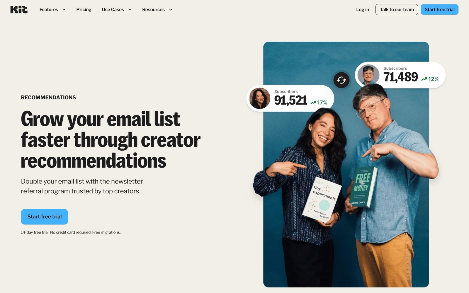 Kit’s Recommendations page: ‘Grow your email list faster through creator recommendations’, with two creators and their subscriber counts