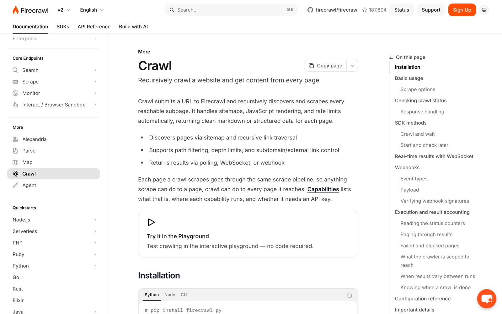 Firecrawl’s Crawl documentation: ‘Recursively crawl a website and get content from every page’, supporting sitemaps, path filtering, depth limits and results by polling, WebSocket or webhook
