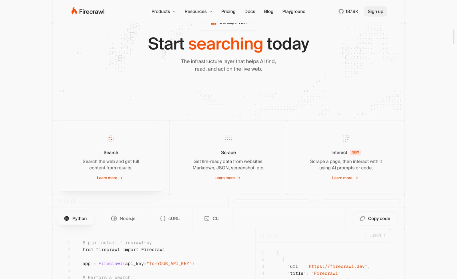 Firecrawl’s homepage section showing Search, Scrape and Interact cards above a Python example that installs firecrawl-py and runs a search