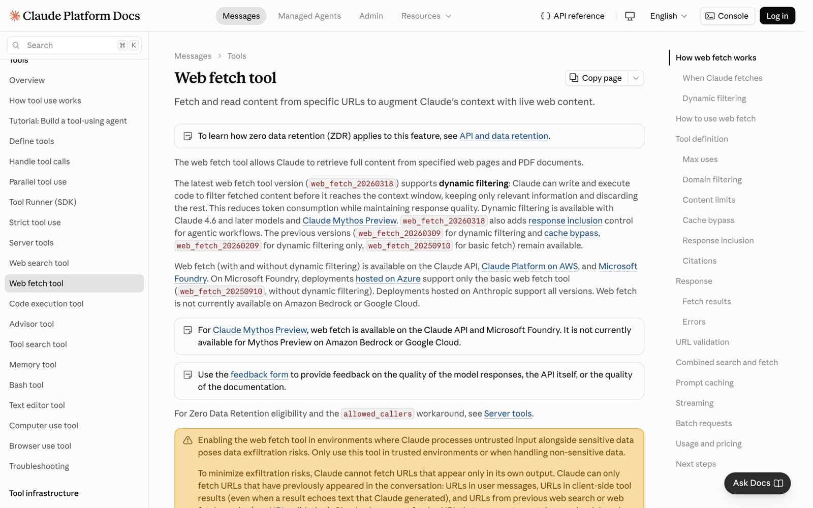 Anthropic’s web fetch tool documentation: ‘Fetch and read content from specific URLs to augment Claude’s context with live web content’, with notes on dynamic filtering and availability