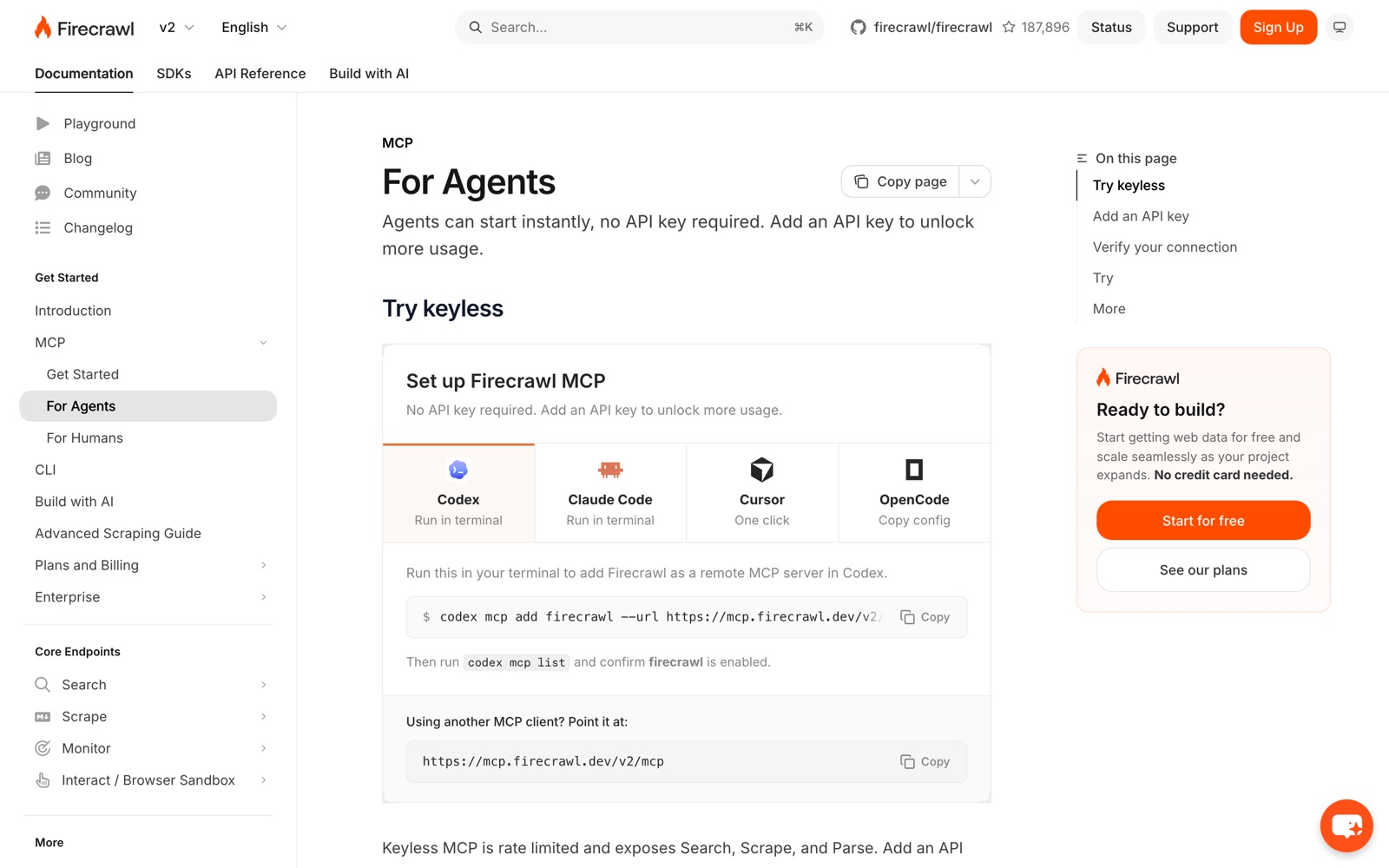 Firecrawl’s MCP docs: ‘For Agents: agents can start instantly, no API key required’, with setup tabs for Codex, Claude Code, Cursor and OpenCode