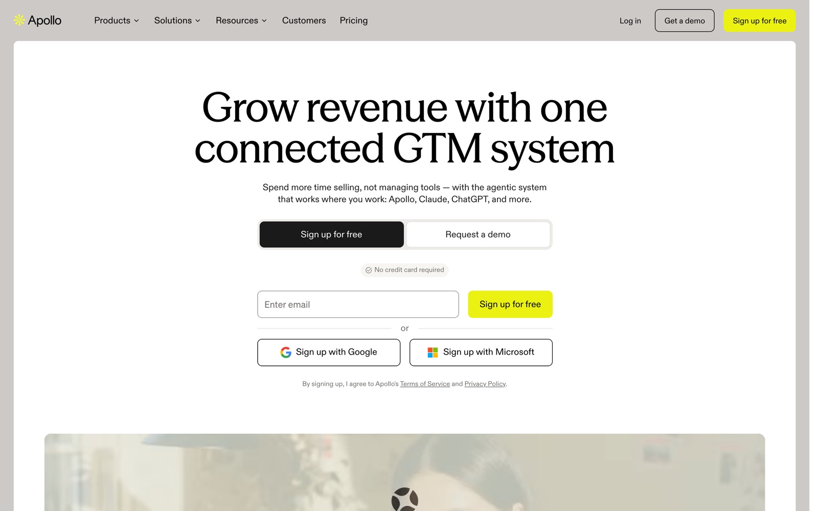 Apollo homepage: grow revenue with one connected GTM system, with sign-up by email, Google or Microsoft and no credit card required