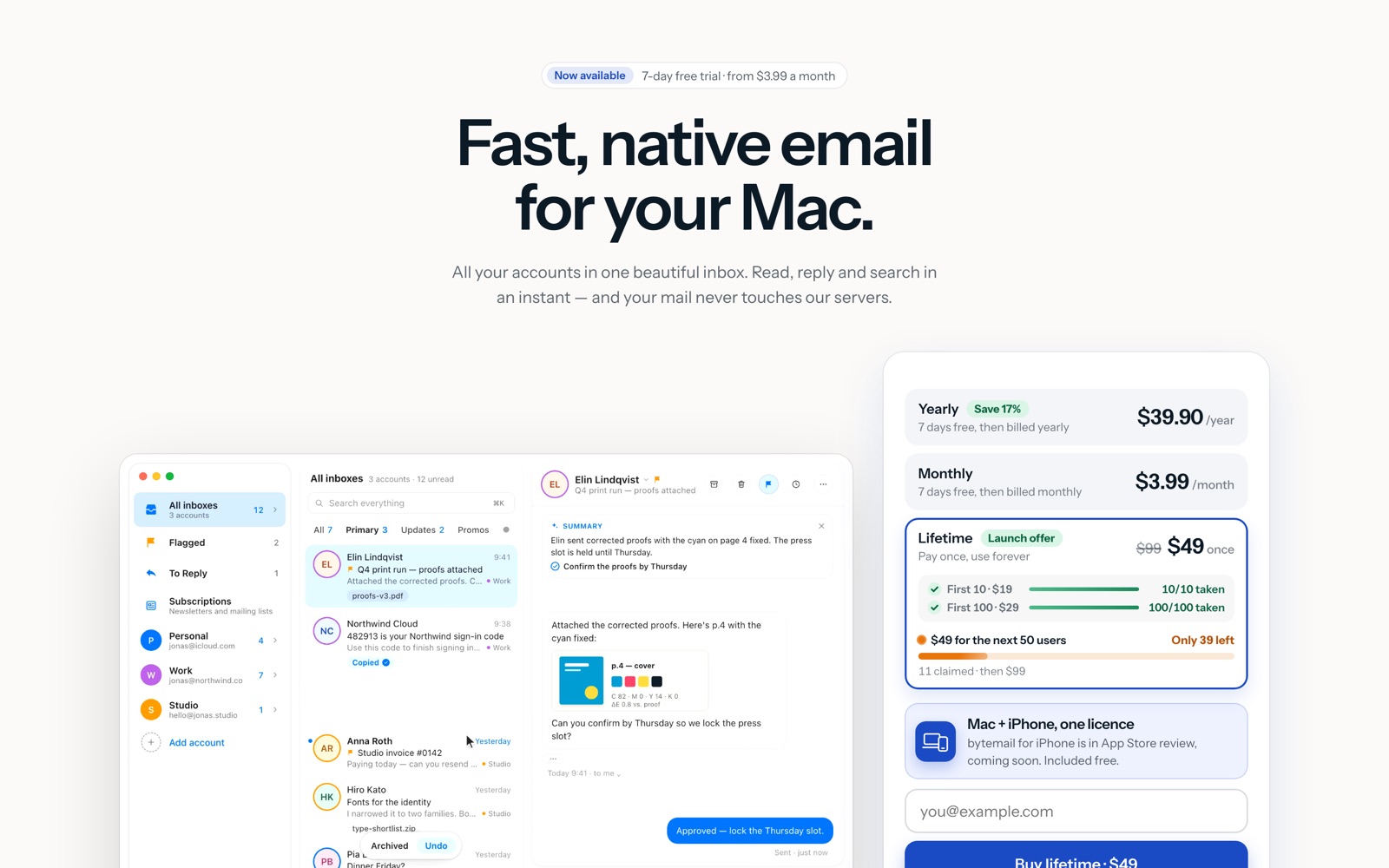 bytemail homepage: fast, native email for your Mac, with a 7-day free trial from $3.99 a month