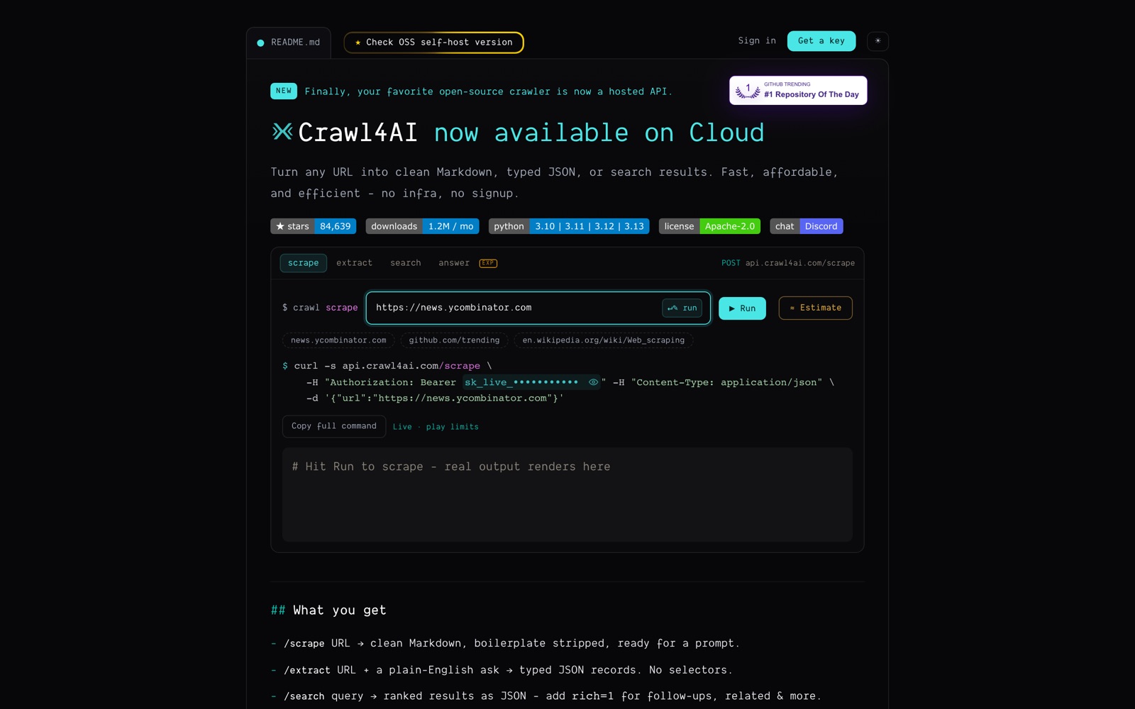 Crawl4AI homepage: 'Crawl4AI now available on Cloud', badges for 84,639 stars and the Apache-2.0 license, and a scrape box for api.crawl4ai.com