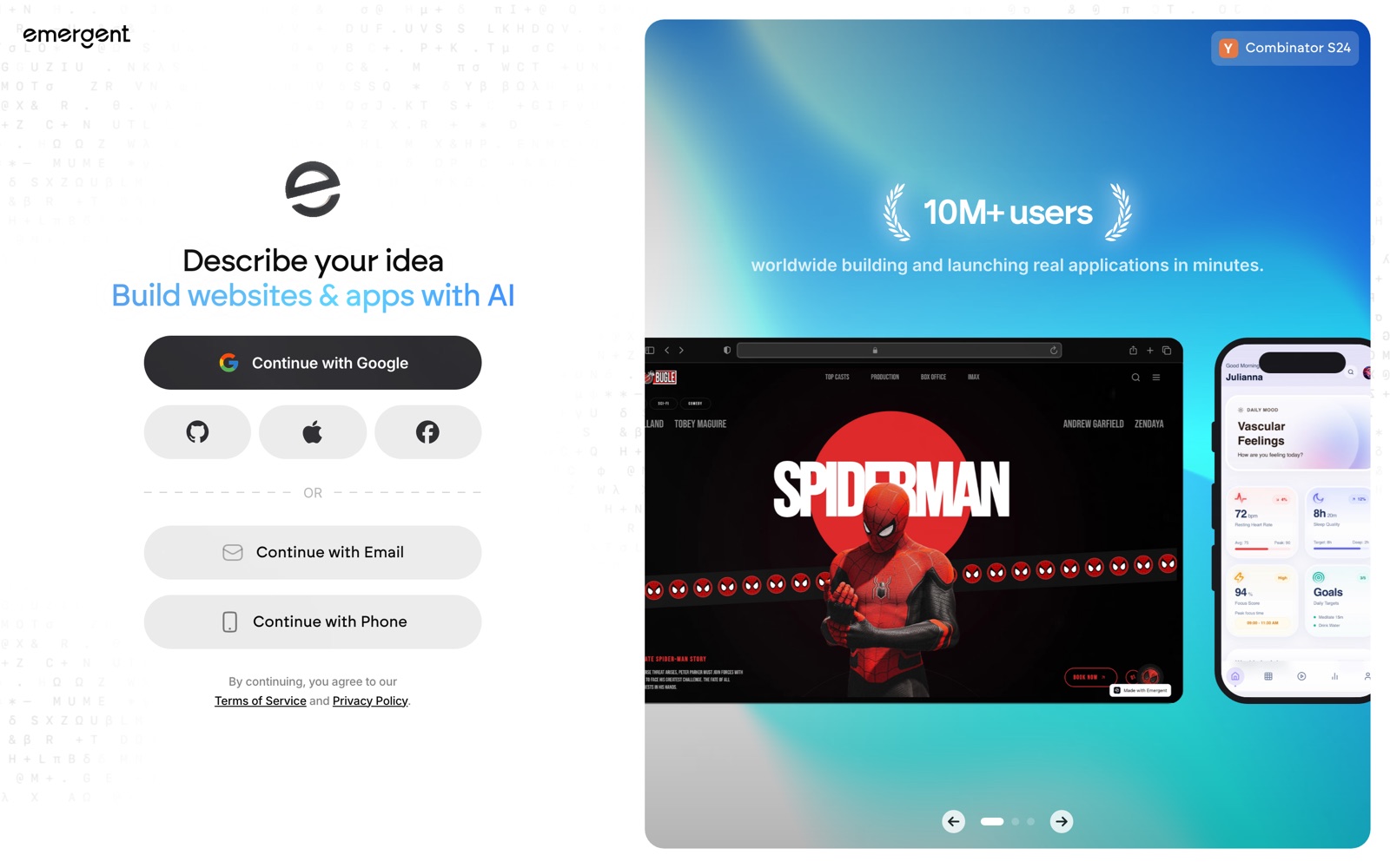 Emergent's sign-up page with the prompt 'Describe your idea, build websites and apps with AI' beside a web and mobile app preview