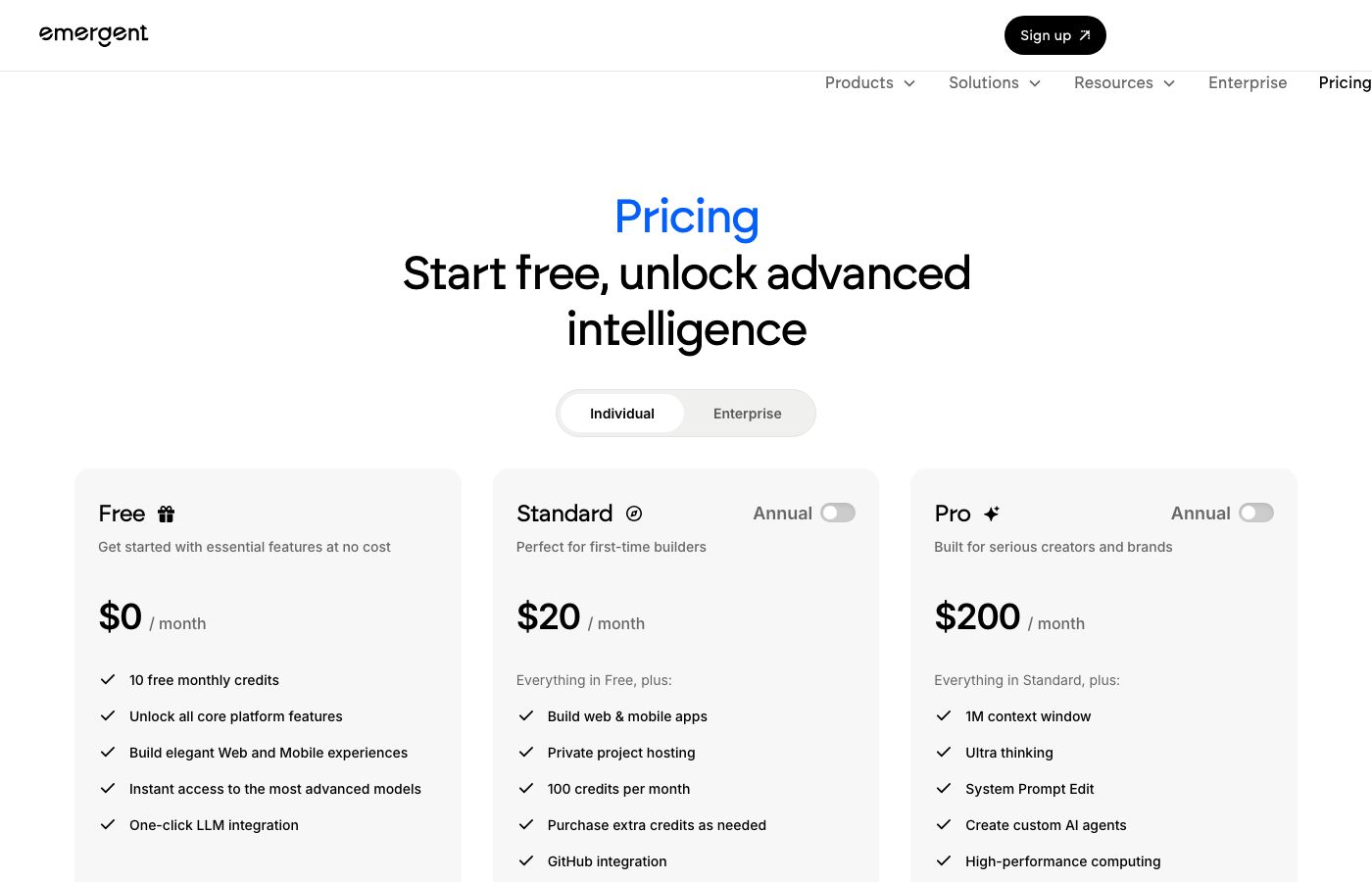 Emergent's pricing table showing Free at $0, Standard at $20 a month and Pro at $200 a month