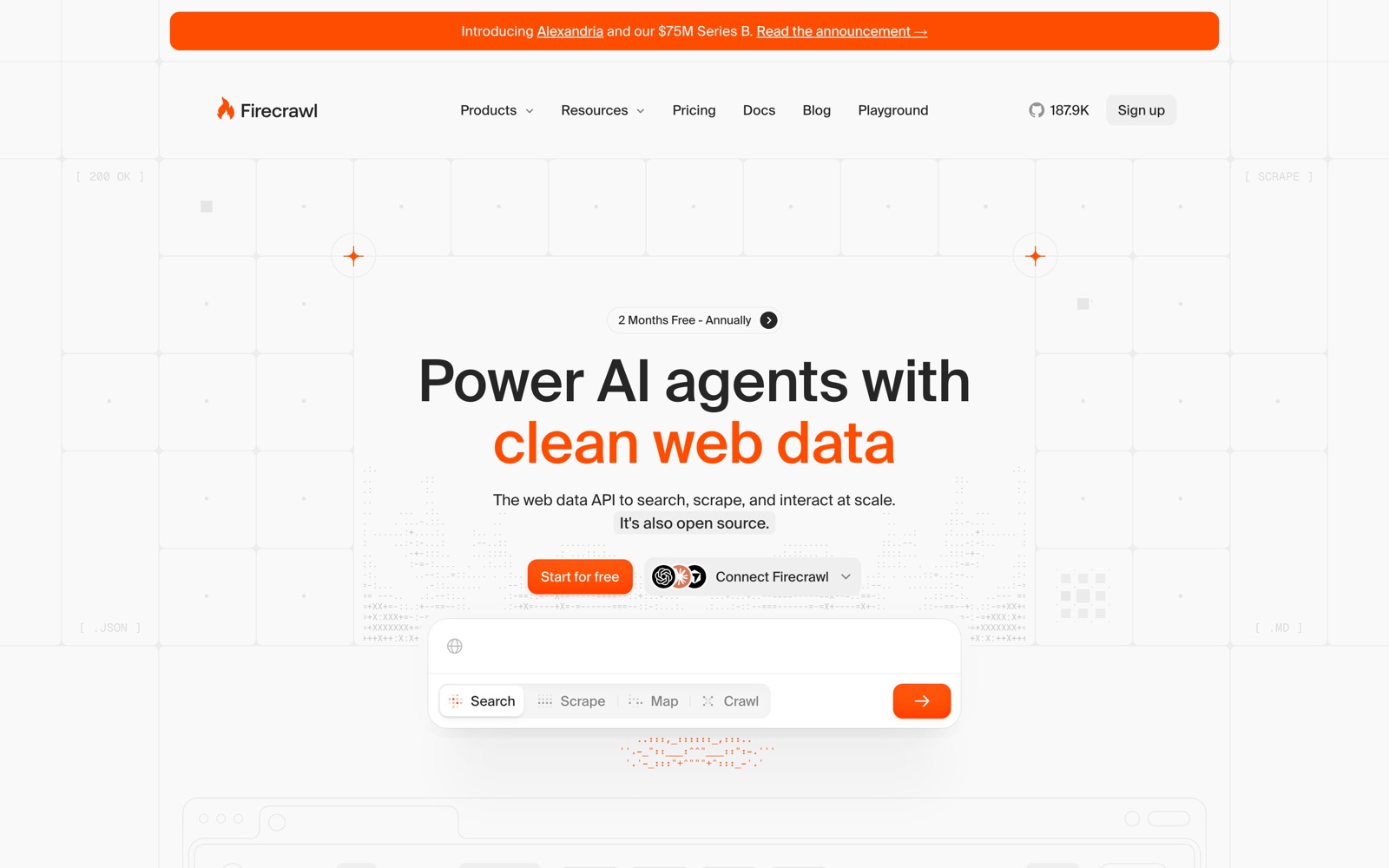 Firecrawl homepage: power AI agents with clean web data, with search, scrape, map and crawl tabs