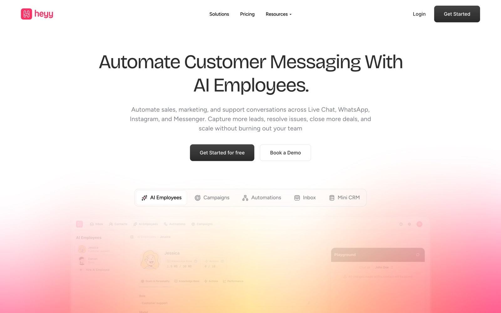 Heyy homepage: automate customer messaging with AI employees, with tabs for AI Employees, Campaigns, Automations, Inbox and Mini CRM