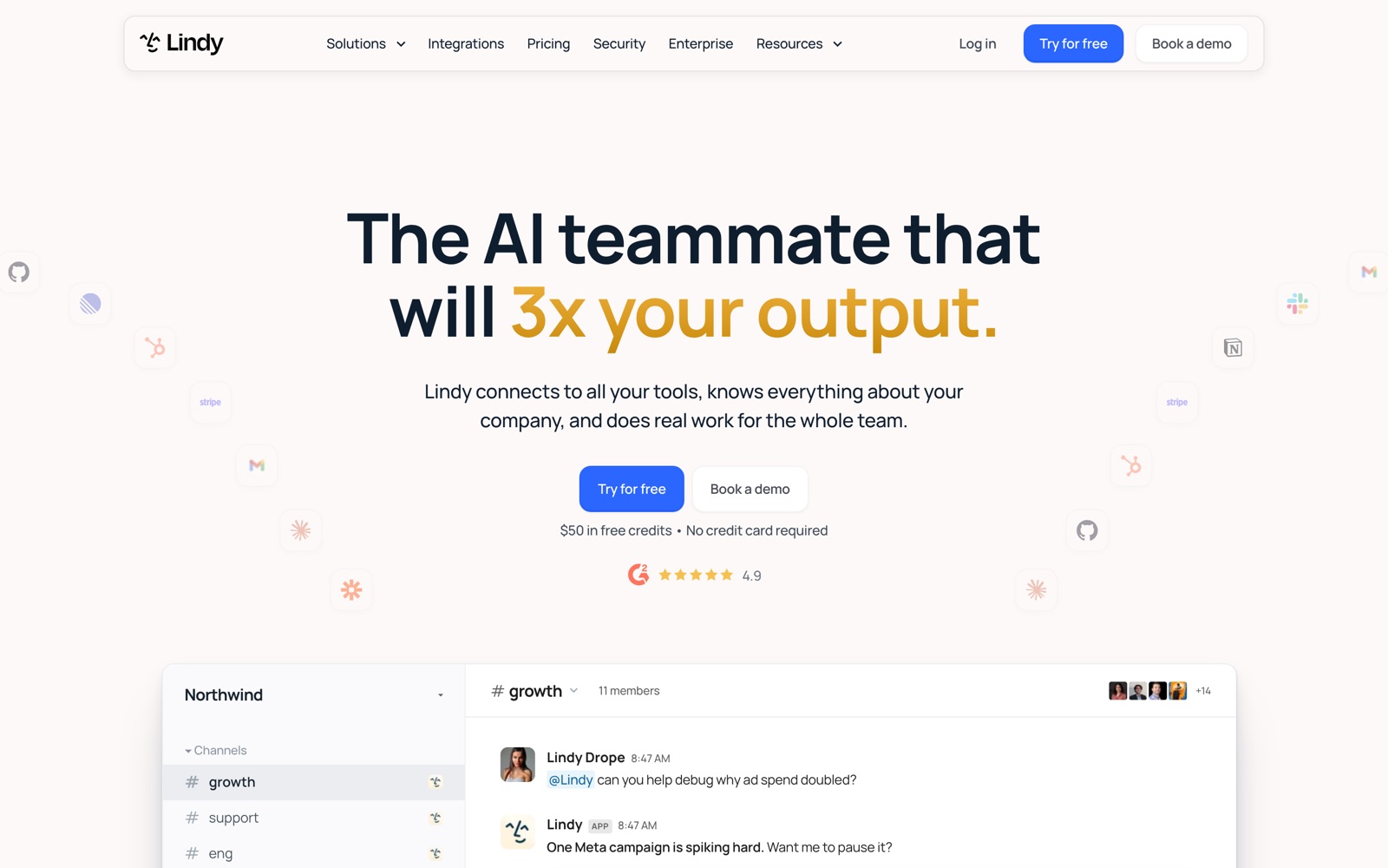 Lindy’s homepage: “The AI teammate that will 3x your output”, with $50 in free credits and a preview of Lindy answering in a Slack channel