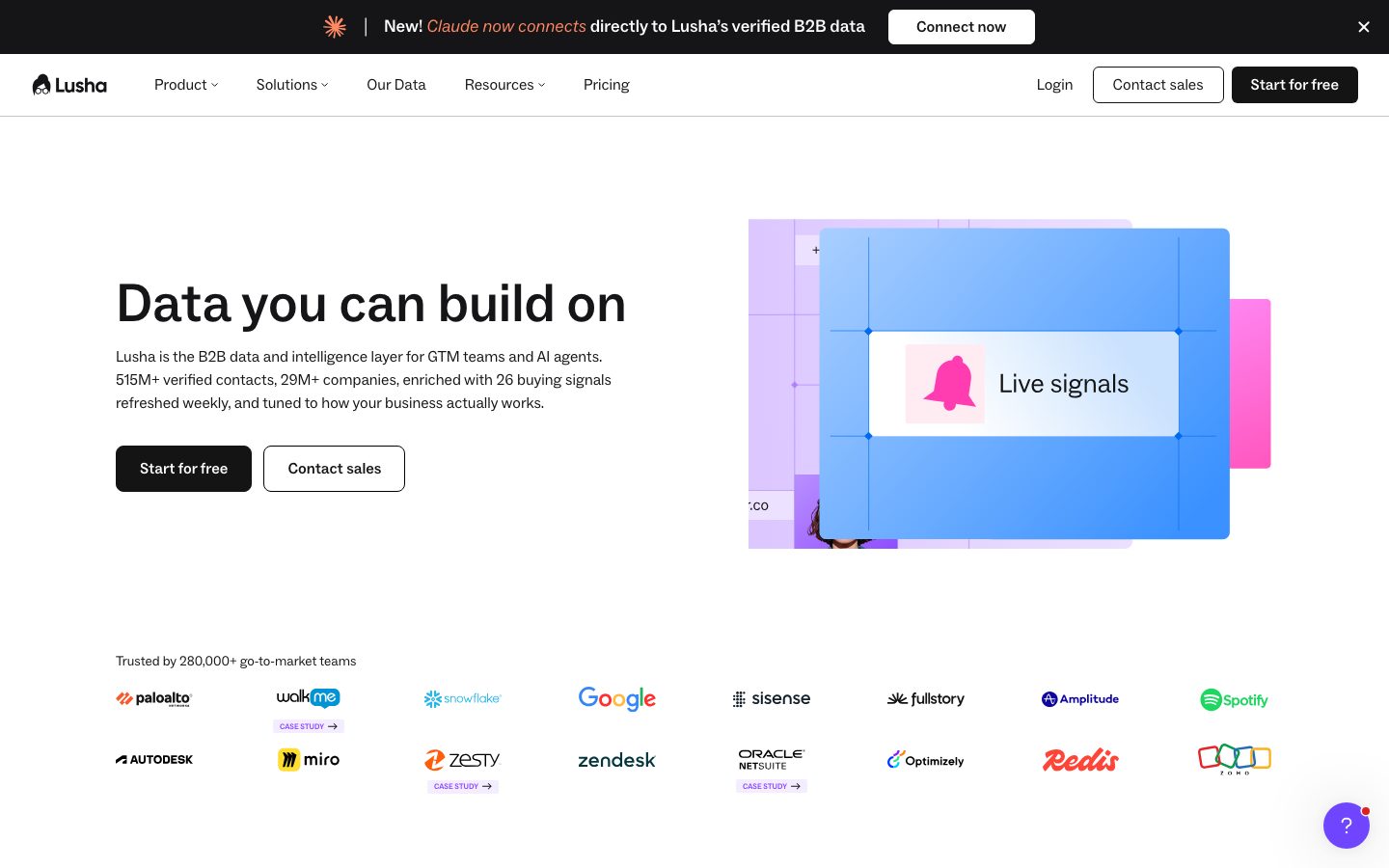 Lusha homepage: data you can build on, with 515M+ verified contacts, 29M+ companies and 26 buying signals refreshed weekly