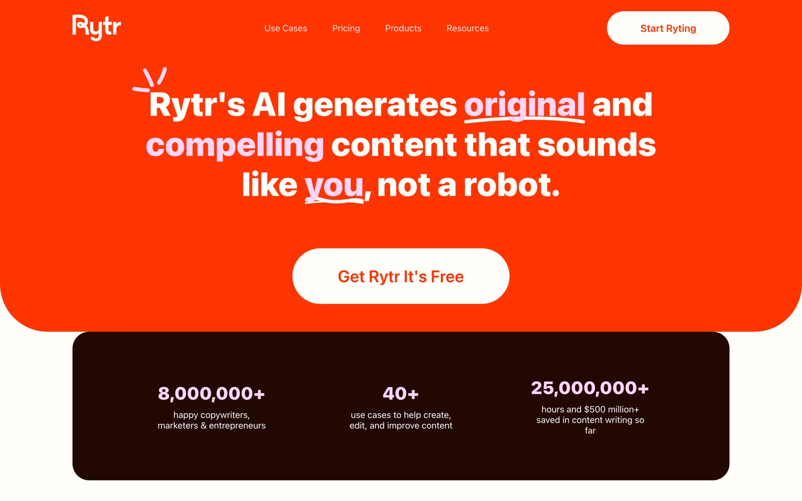 Rytr homepage: free AI writer, content generator and writing assistant