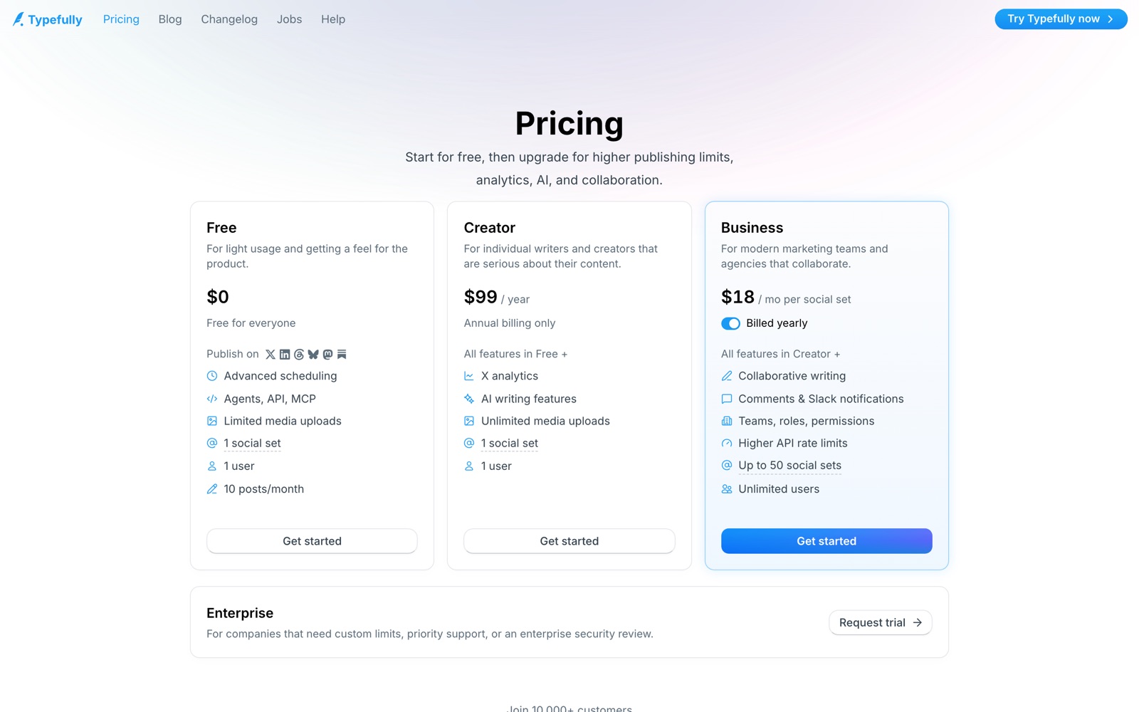 Typefully pricing: Free at $0, Creator at $99 a year, Business at $18 a month per social set